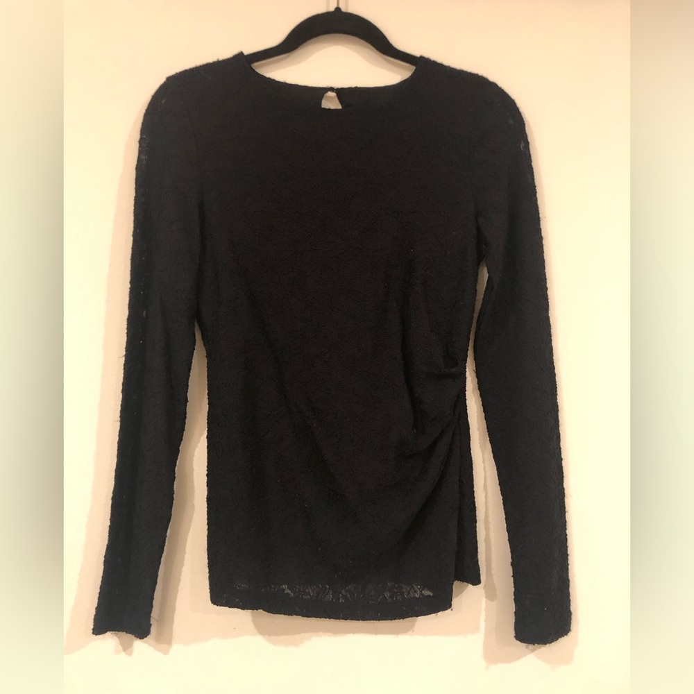 Talbots black lace top with side ruching detail